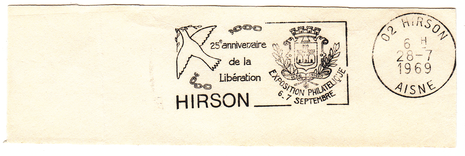 FLAMME HIRSON 1969 25 ANNIVERSAIRE DE LA LIBERATION 124067356441