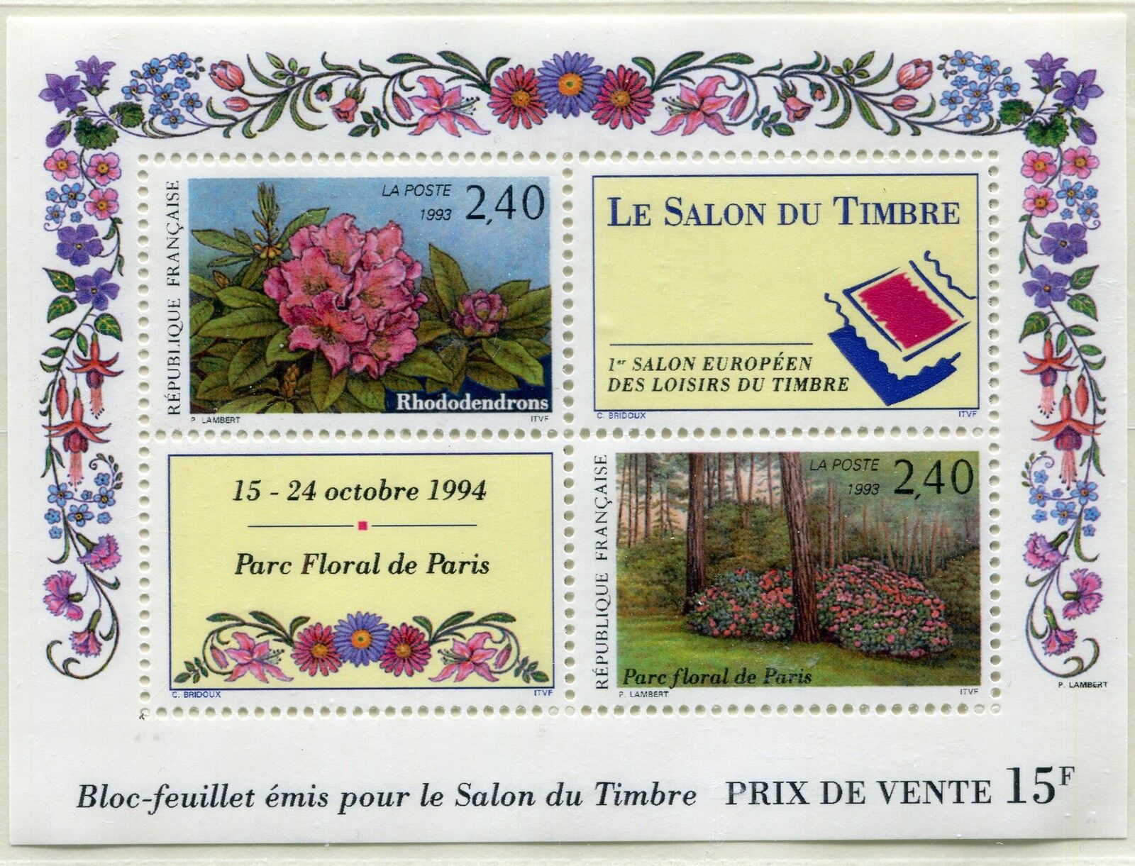 FRANCE TIMBRE NEUF BLOC N15 PARC FLORAL DE PARIS RHODODENDRONS 121493612291