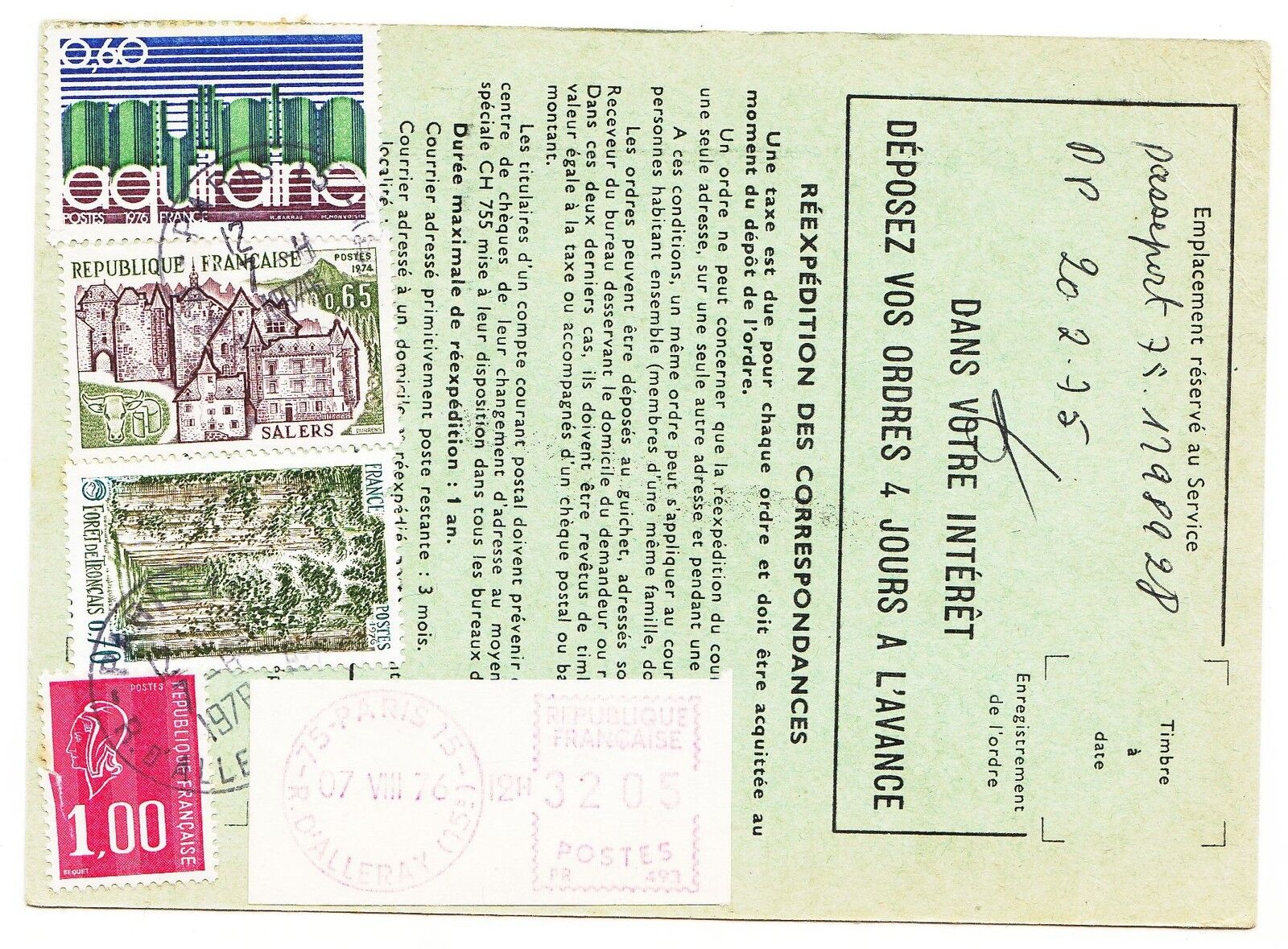 FRANCE TIMBRE ORDRE DE REEXPEDITION PARIS POUR AIX EN PROVENCE 1976 401075263361