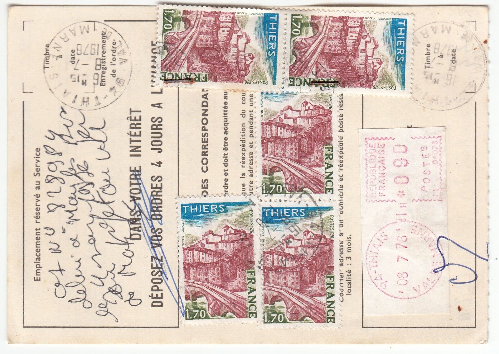 FRANCE TIMBRE ORDRE DE REEXPEDITION THIAIS POUR MONACCIA D AULLENE 1978 121900636221