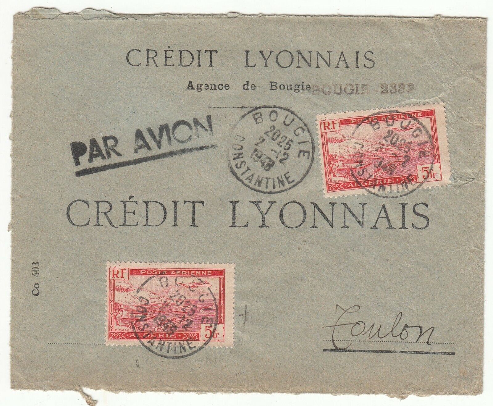 LETTRE ALGERIE CONSTANTINE AGENCE DE BOUGIE TOULON 1948 CREDIT LYONNAIS 401753061781