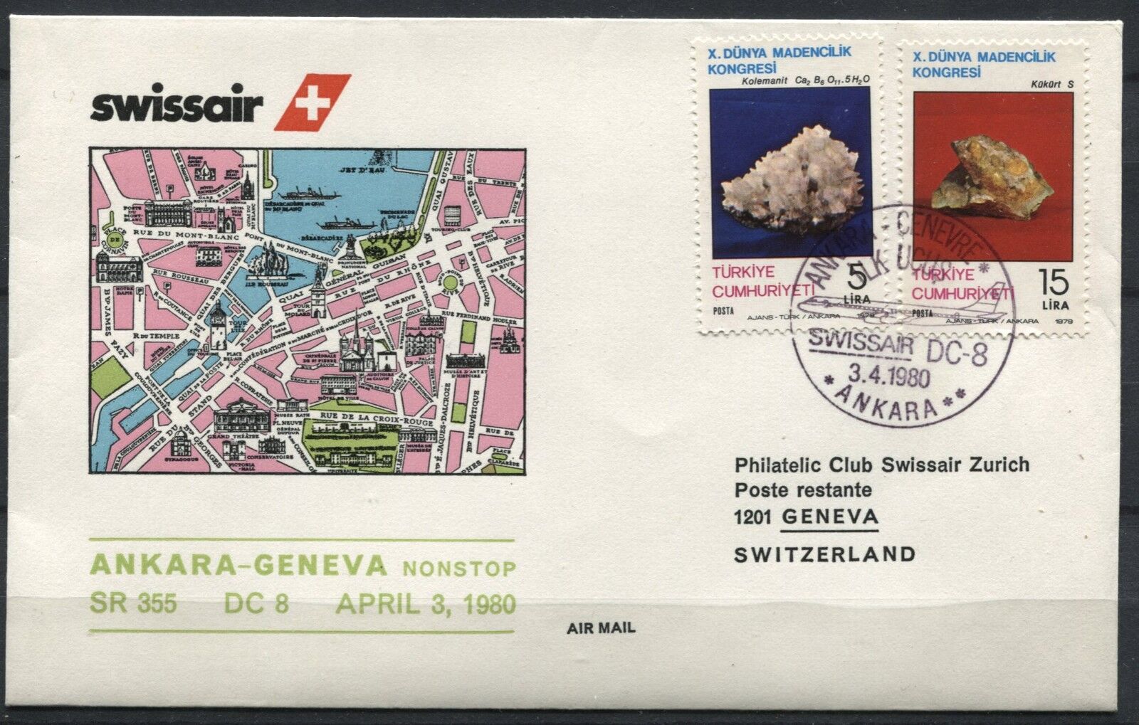 LETTRE ANKARA GENEVE 1980 SWISSAIR AVION CACHET GENEVE AU VERSO 120920558631