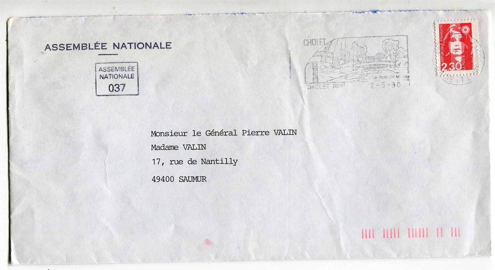 LETTRE ASSEMBLEE NATIONALE POUR LE GENRAL VALIN 1990 CHOLET POUR SAUMUR