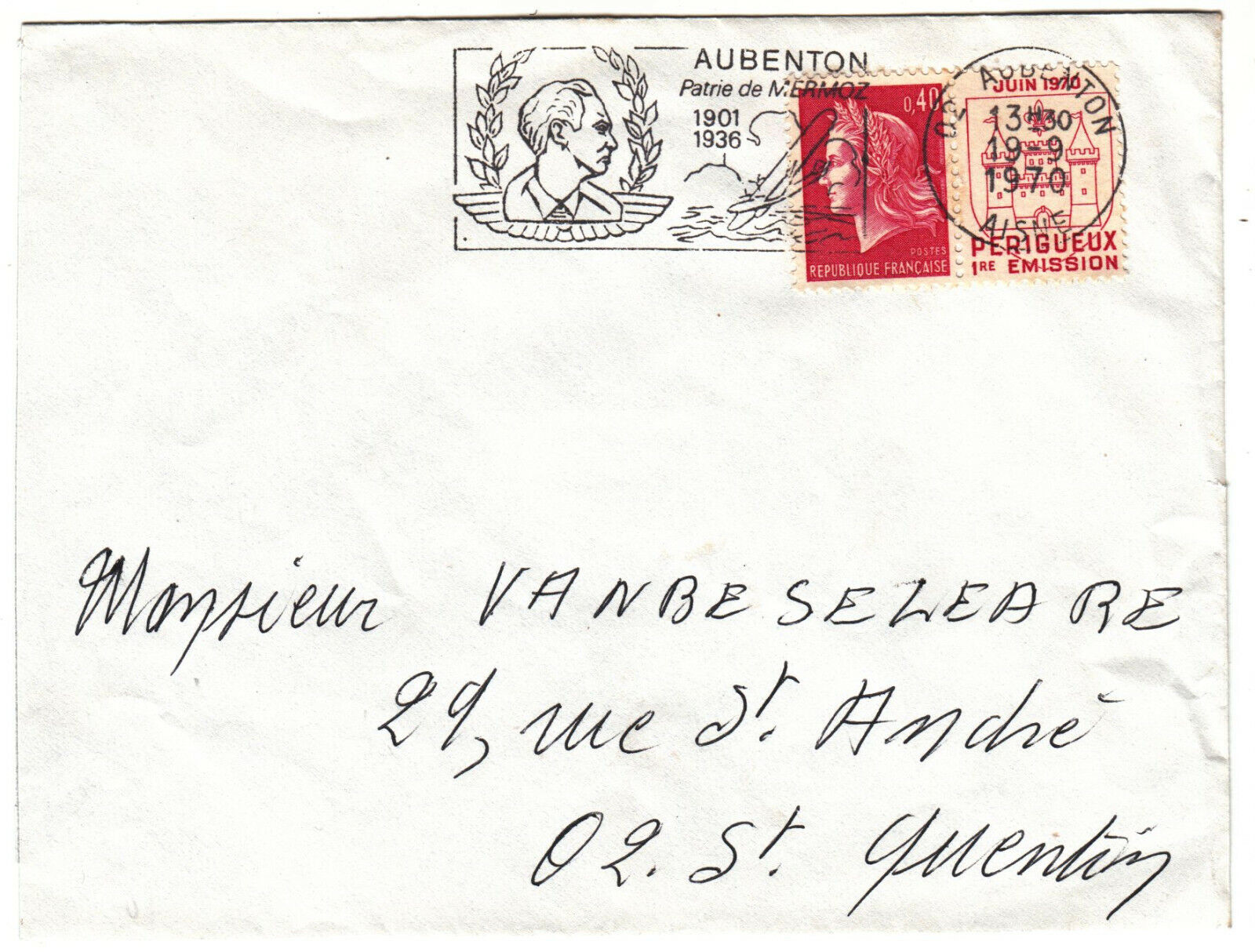 LETTRE AUBENTON POUR ST QUENTIN 1970 FLAMME AUBENTON PATRIE MERMOZ 402072946671