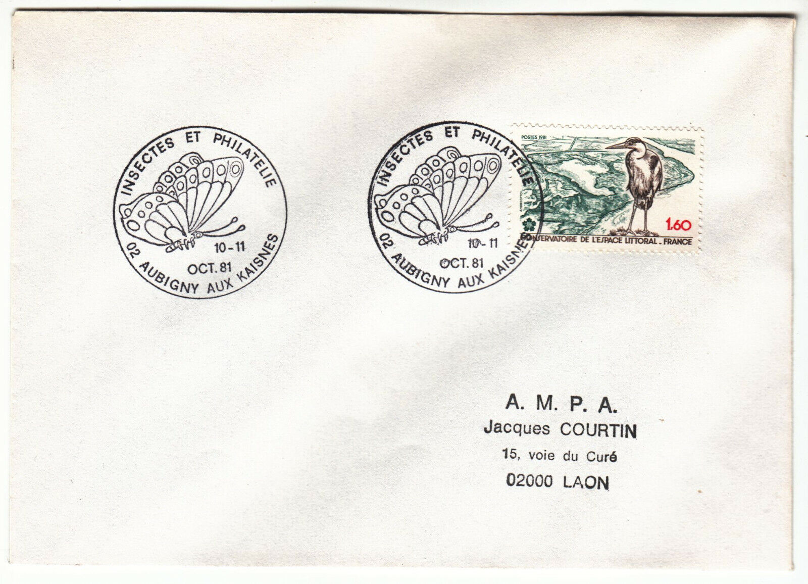 LETTRE AUBIGNY AUX KAISNES POUR LAON 1981 CACHET INSECTES ET PHILATELIE 124074123191