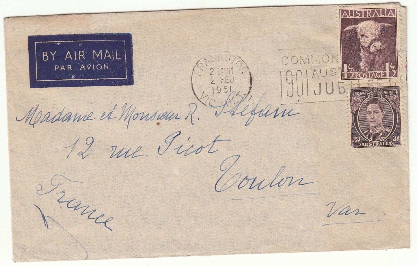 LETTRE AUSTRALIE FRANKSTON VICTORIA TOULON 1951 FLAMME PAR AVION 401756776011