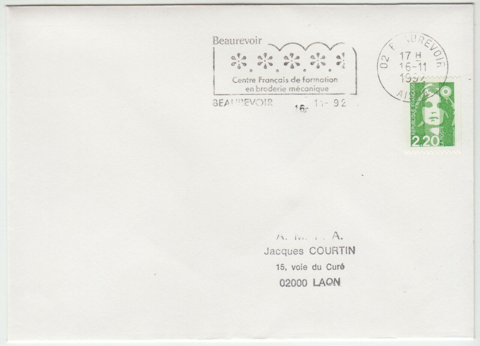 LETTRE BEAUREVOIR POUR LAON 1994 FLAMME BEAUREVOIE FORMATION BRODERIRE MECANIQUE 124074937021