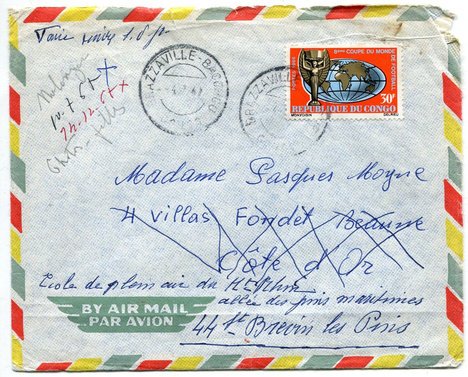 LETTRE BRAZZAVILLE BACONGO CONGO POUR BREVIN LES PINS FRANCE 1967 PAR AVION 400731684451