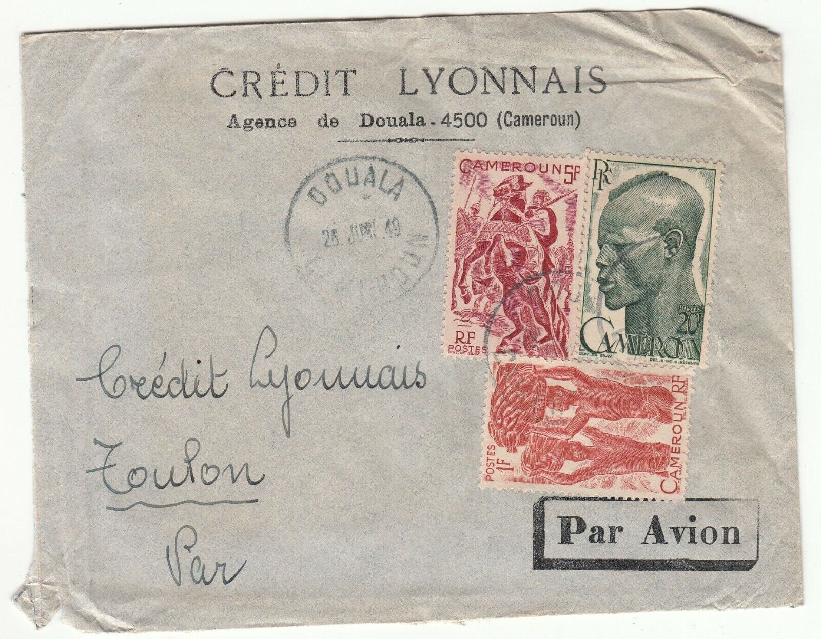 LETTRE CAMEROUN AGENCE DE DOUALA POUR TOULON 1949 CREDIT LYONNAIS PAR AVION 401754074561