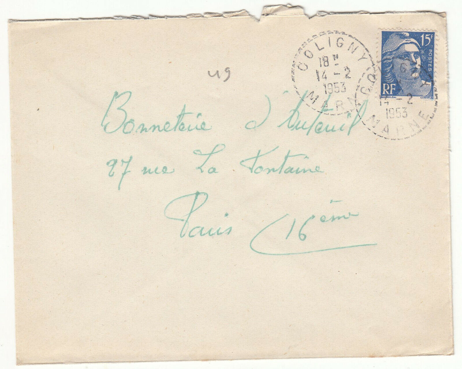 LETTRE COLIGNY POUR PARIS 1953 GANDON CACHET PERLE 123904007081