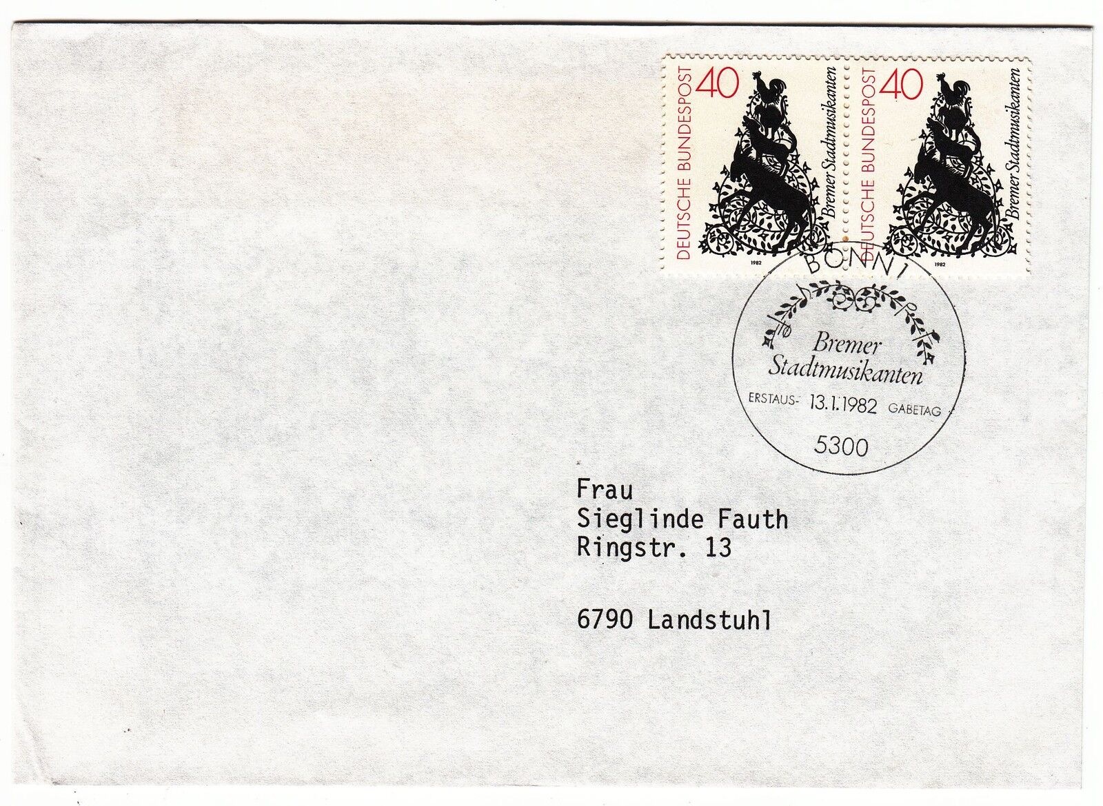 LETTRE COMMEMORATIVE ALLEMAGNE TIMBRE N 952 FRERES GRIMM MUSICIENS VILLE BREME 401068390381