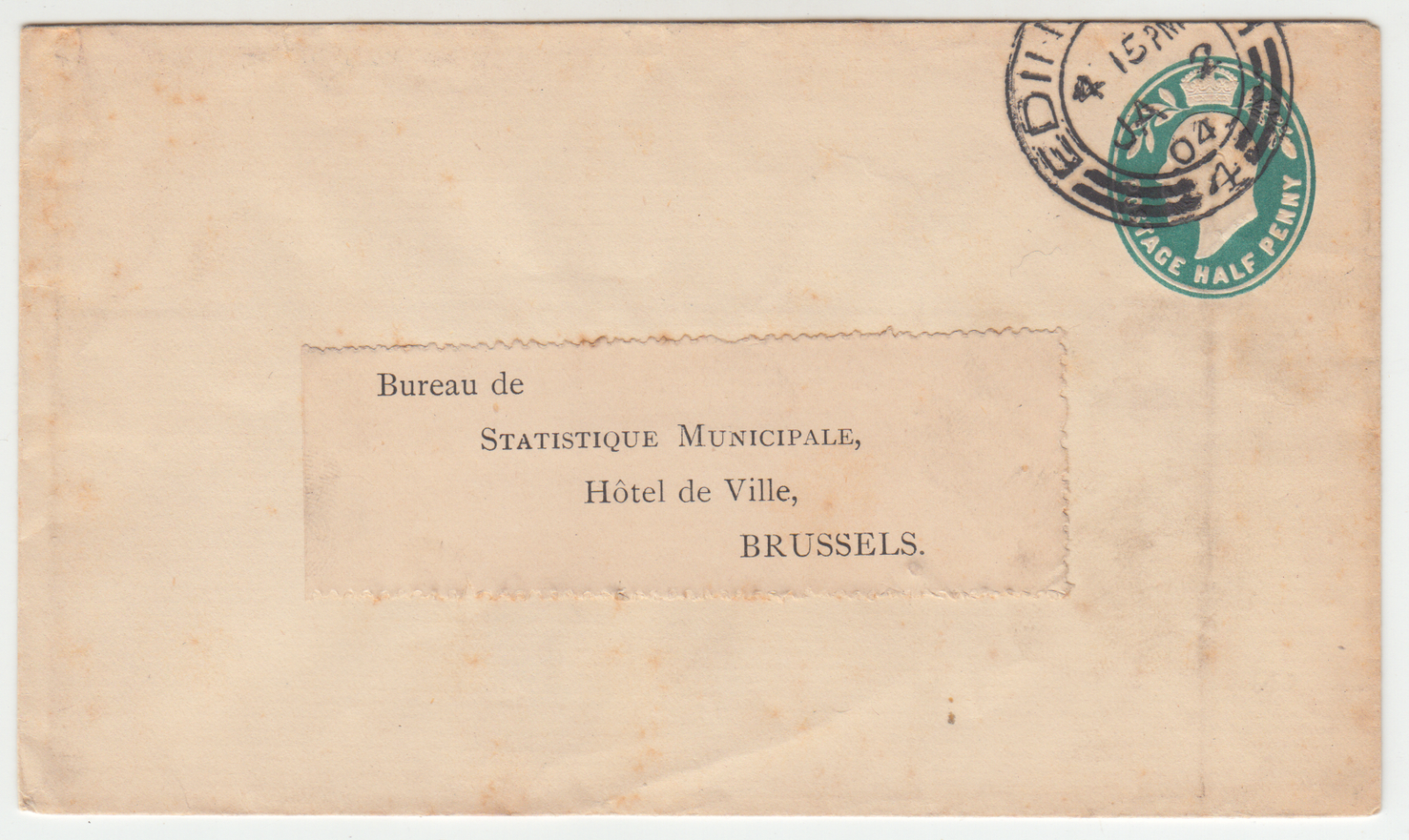 LETTRE ENTIER POSTAL ROYAUME UNI 1904 MAIRIE DE BRUSSELS 402822214821