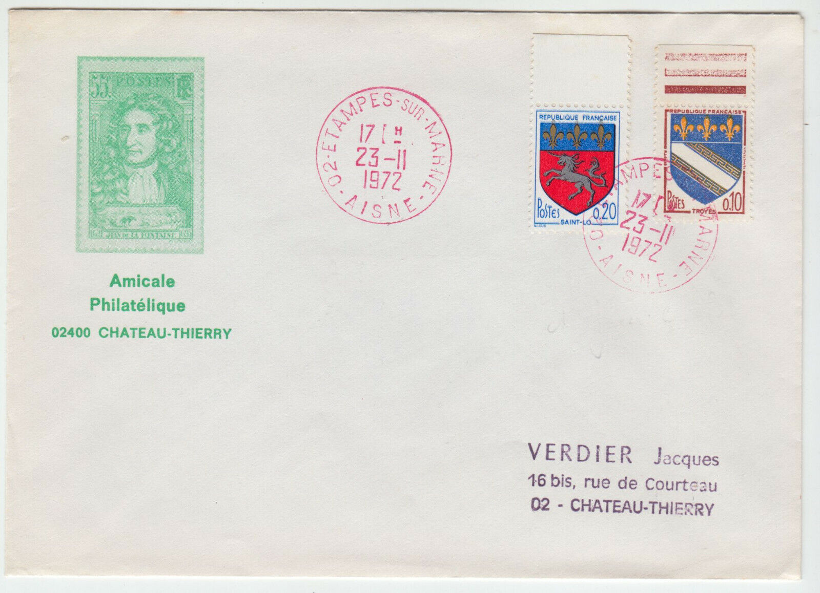 LETTRE ETAMPES SUR MARNE POUR CHATEAU THIERRY 1972 CACHET ROUGE 402088421921