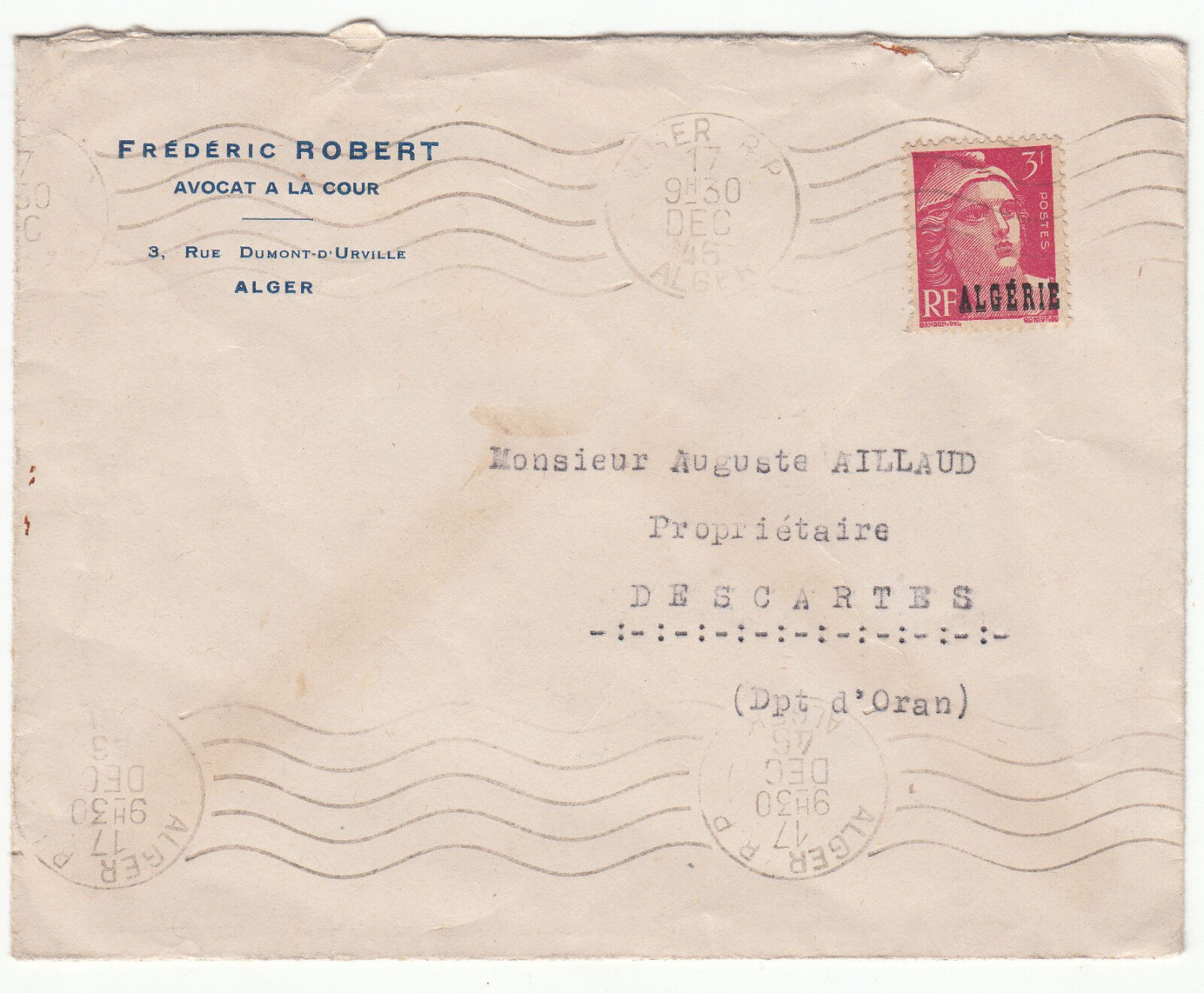 LETTRE FREDERIC ROBERT AVOCAT ALGER POUR ORAN 1946 FLAMME 401459642471