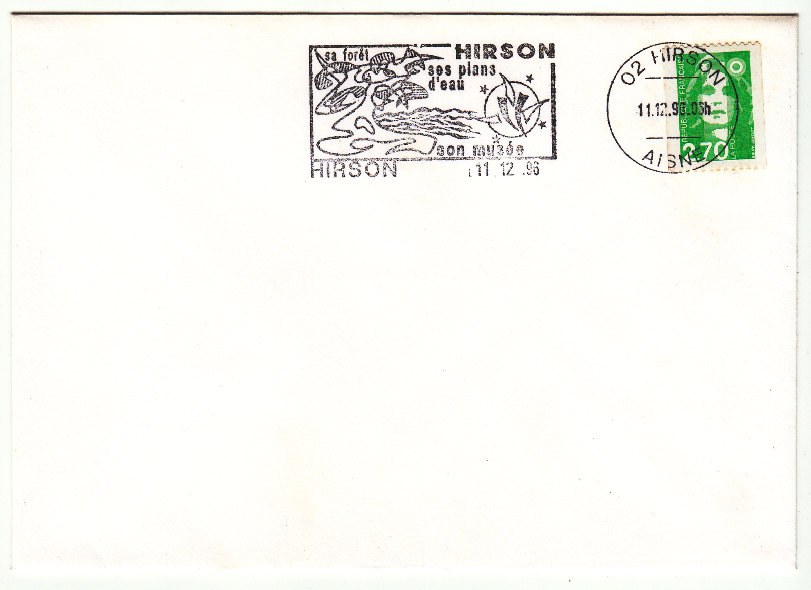 LETTRE HIRSON 1996 FLAMME HIRSON SA FORET SES PLAN D EAU SON MUSEE 124069257281