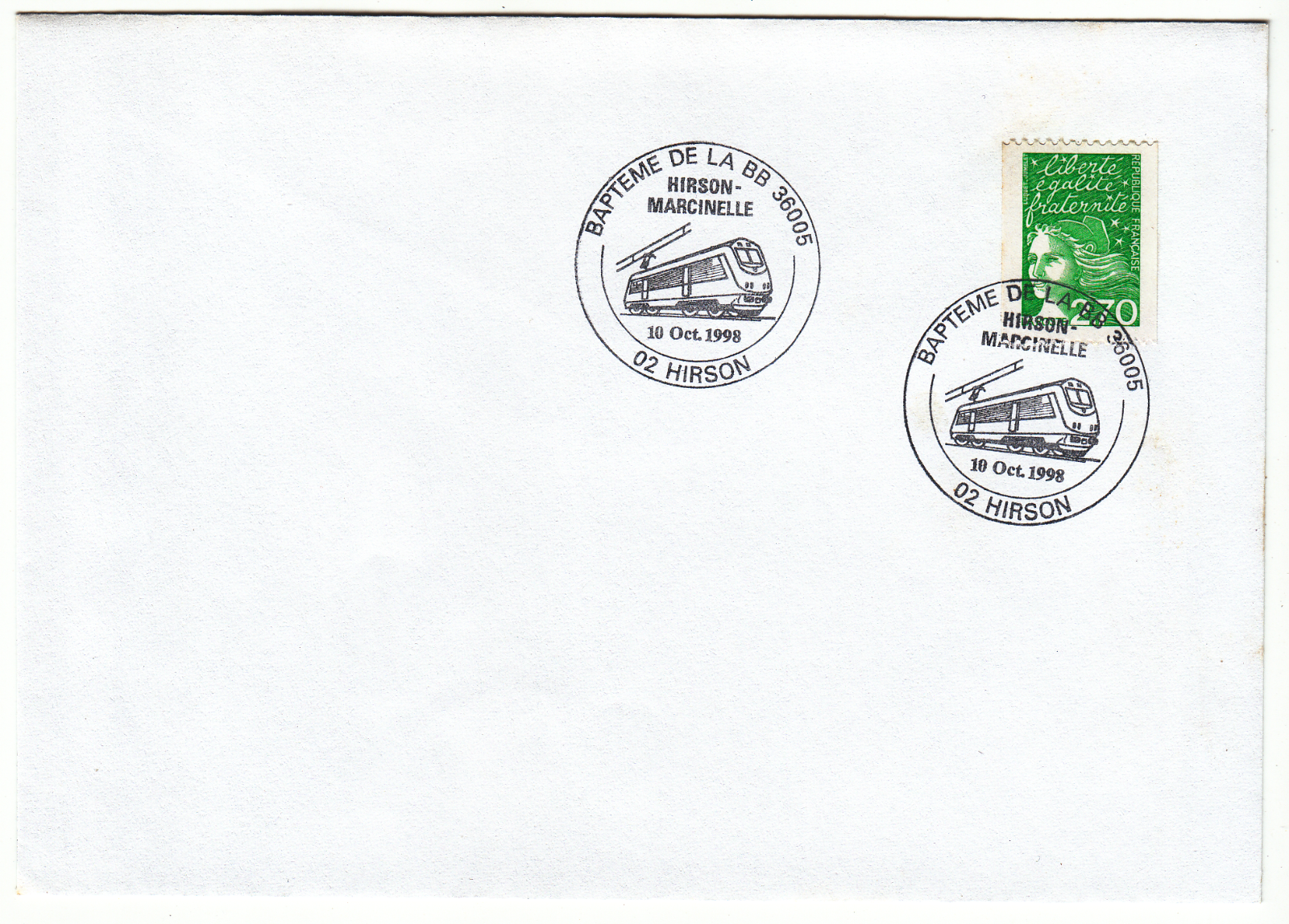 LETTRE HIRSON 1998 CACHET HIRSON MARCINELLE BAPTEME DE LA BB 36005 TRAIN 402063966531