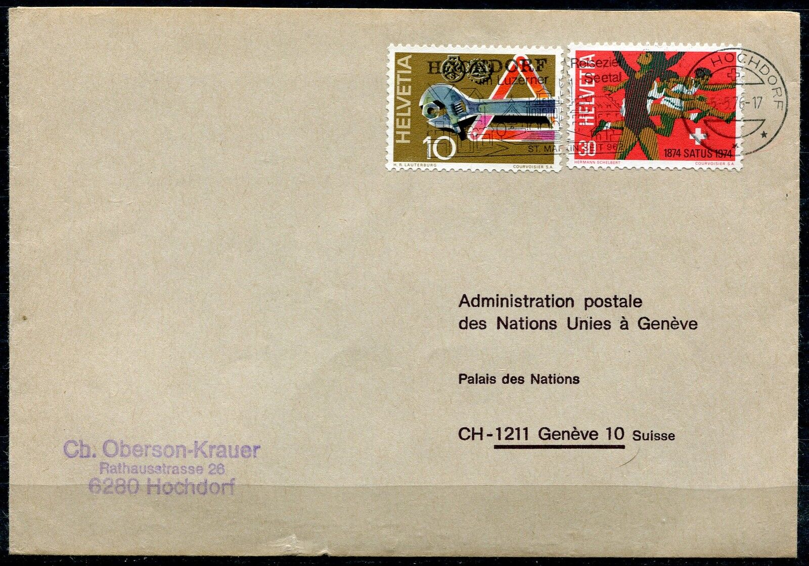 LETTRE HOCHDORF POUR GENEVE SUISSE 1974 FLAMME 400328780391