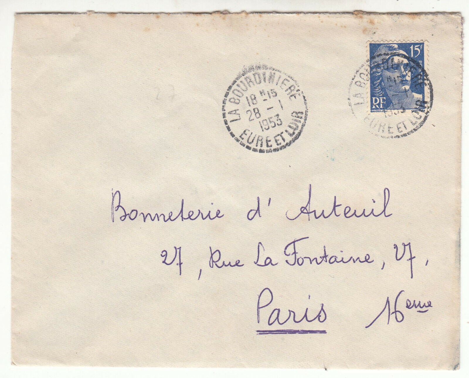 LETTRE LA BOURDINIERE POUR PARIS SEUL SUR LETTRE GANDON CACHET PERLE 1953 123849427771