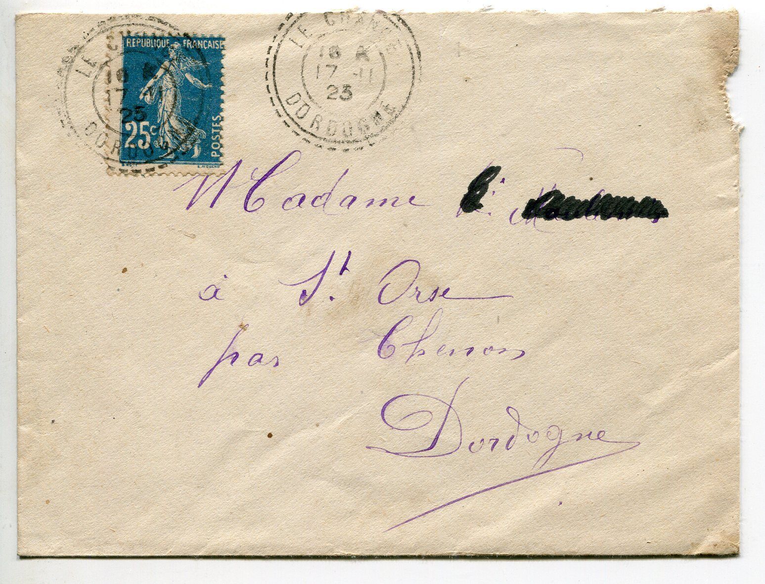 LETTRE LE CHANGE STE ORSE 1923 CACHET TIMBRE SEMEUSE 400782115711