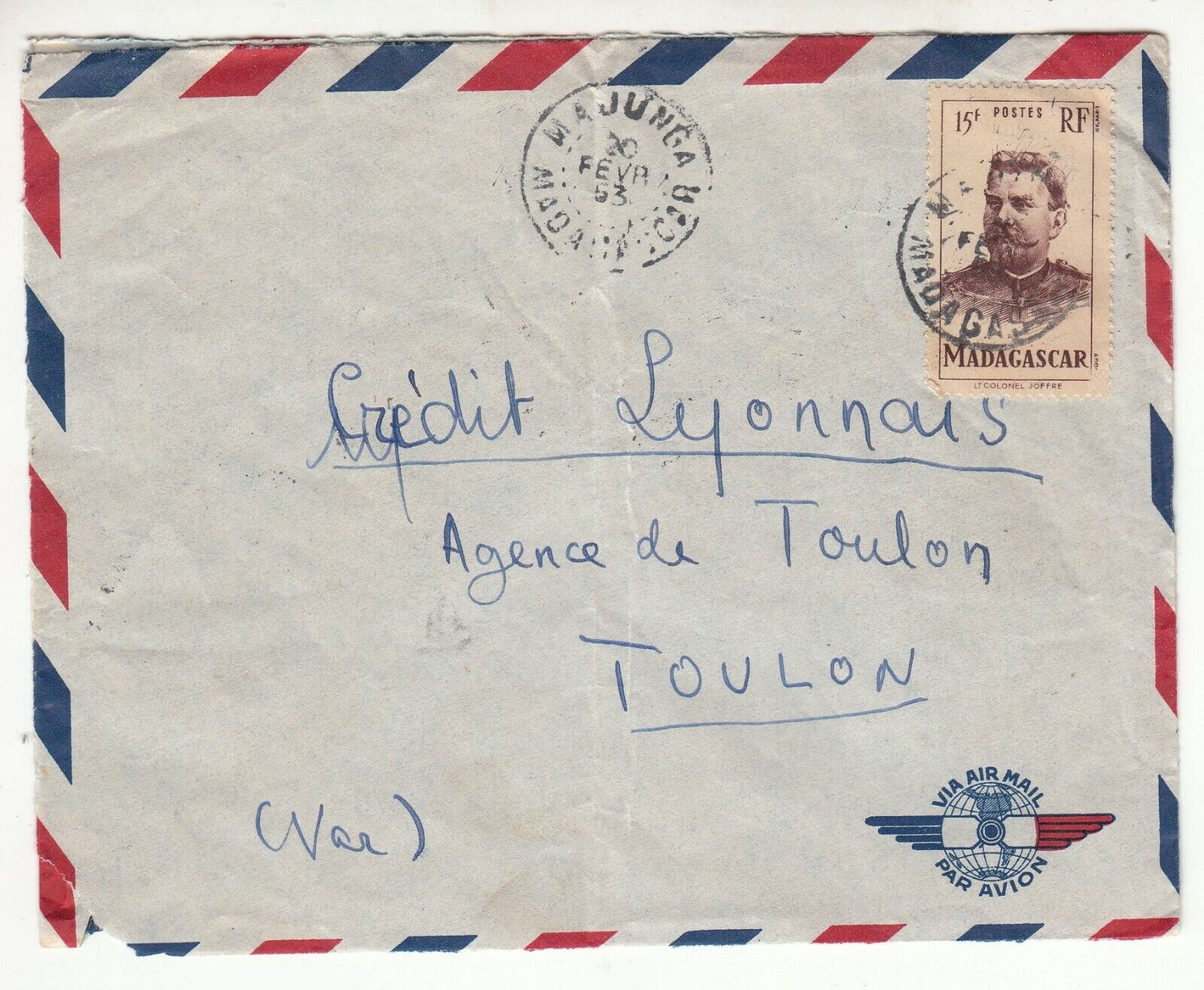 LETTRE MADAGASCAR MAJUNGA TOULON CREDIT LYONNAIS 1953 PAR AVION 123744727071