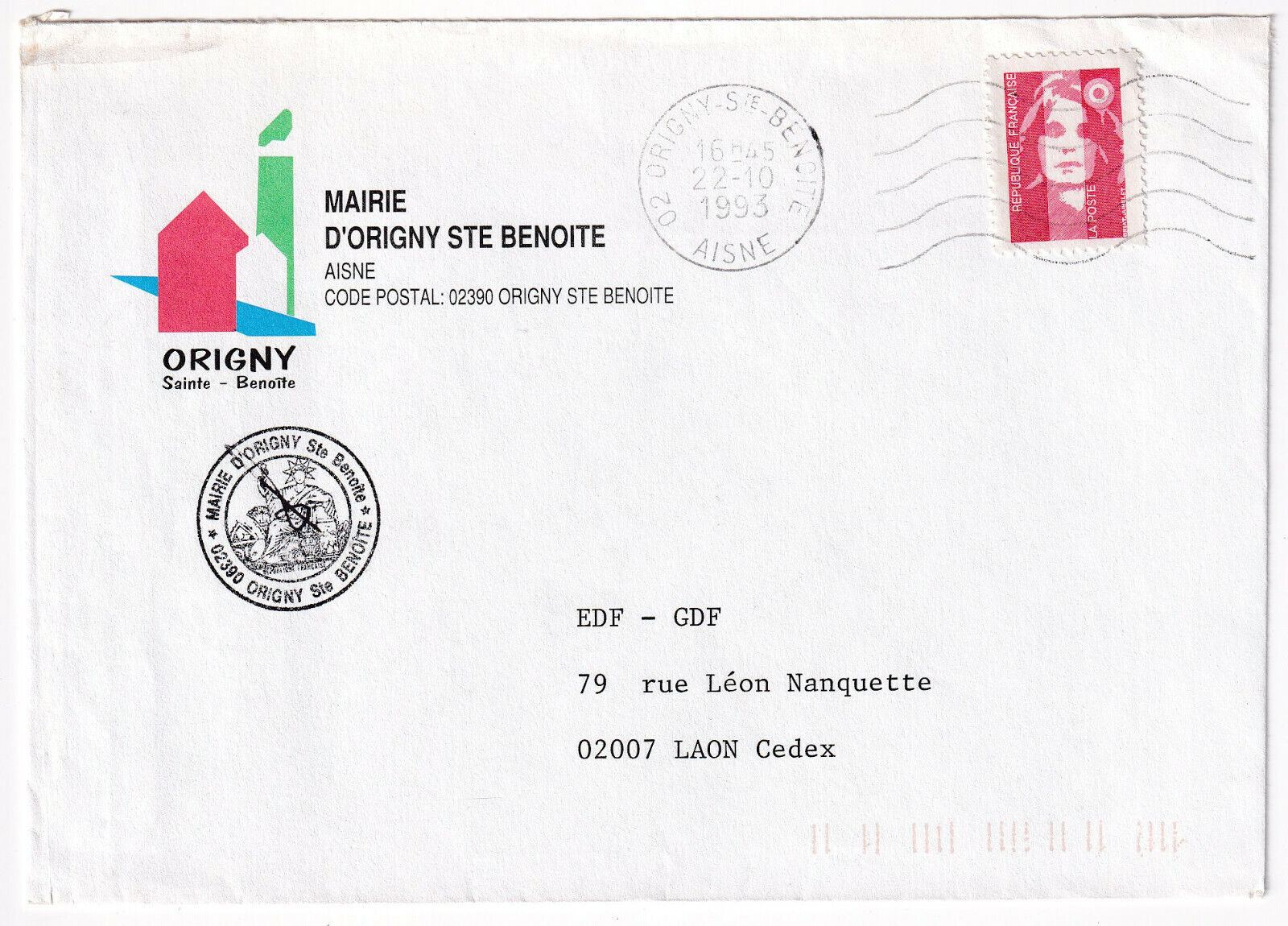 LETTRE MAIRIE D ORIGNY SAINTE BENOITE POUR LAON 1993 MARIANNE DU BICENTENAIRE 403396474761