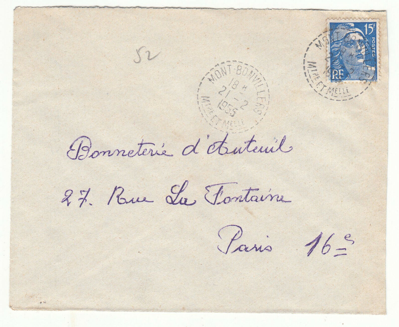 LETTRE MONT BONVILLERS POUR PARIS 1955 GANDON CACHET PERLE 123903978511