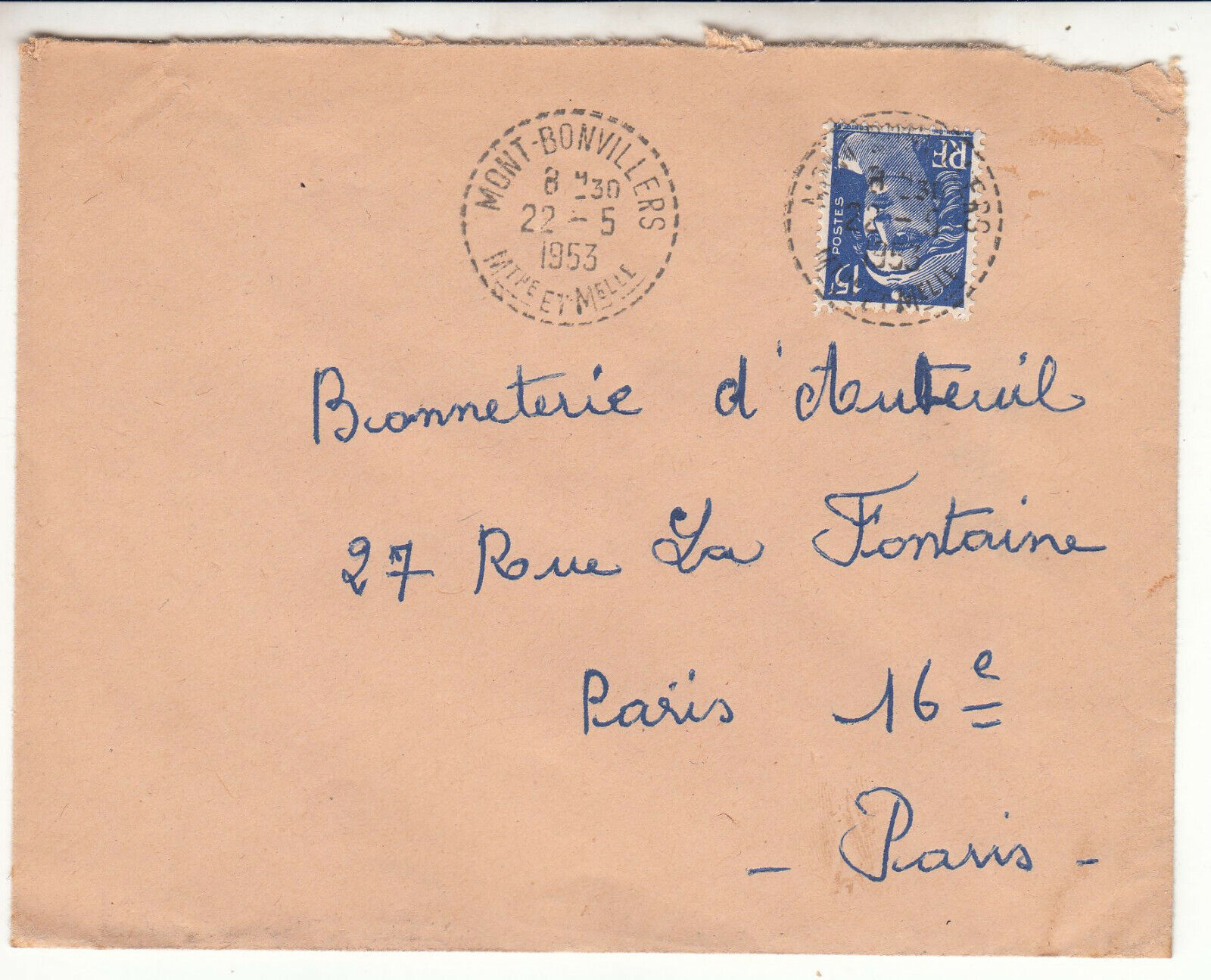 LETTRE MONT BONVILLERS POUR PARIS SEUL SUR LETTRE GANDON CACHET PERLE 401826439351