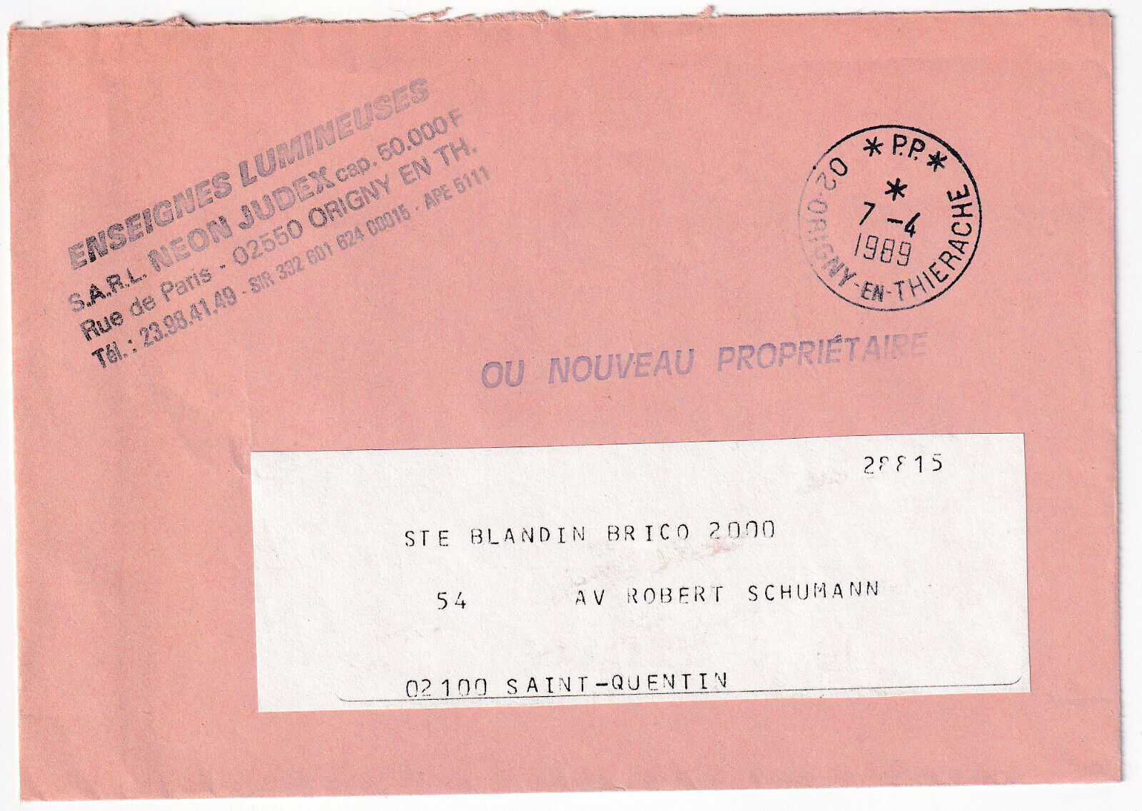 LETTRE ORIGNY EN THIERACHE SARL NEON JUDEX 1989 POUR LAON 125087527661