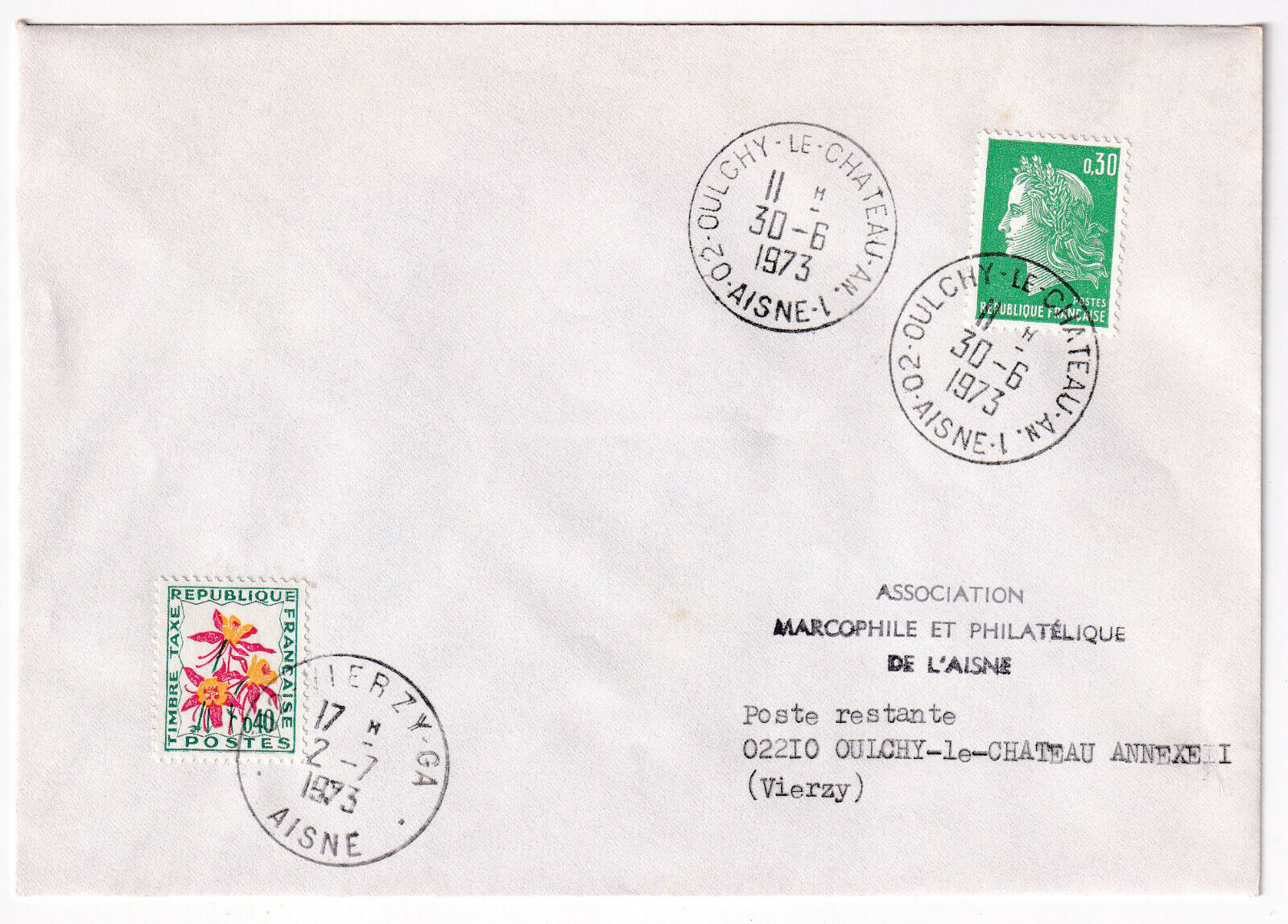 LETTRE OULCHY LE CHATEAU 1973 MARIANNE DE CHEFFER TIMBRE TAXE 125016591021