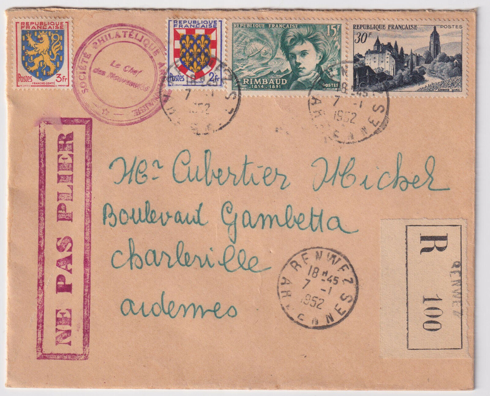 LETTRE PHILATELIQUE RECOMMANDEE RENWEZ 1952 POUR CHARLEVILLE 402990183391