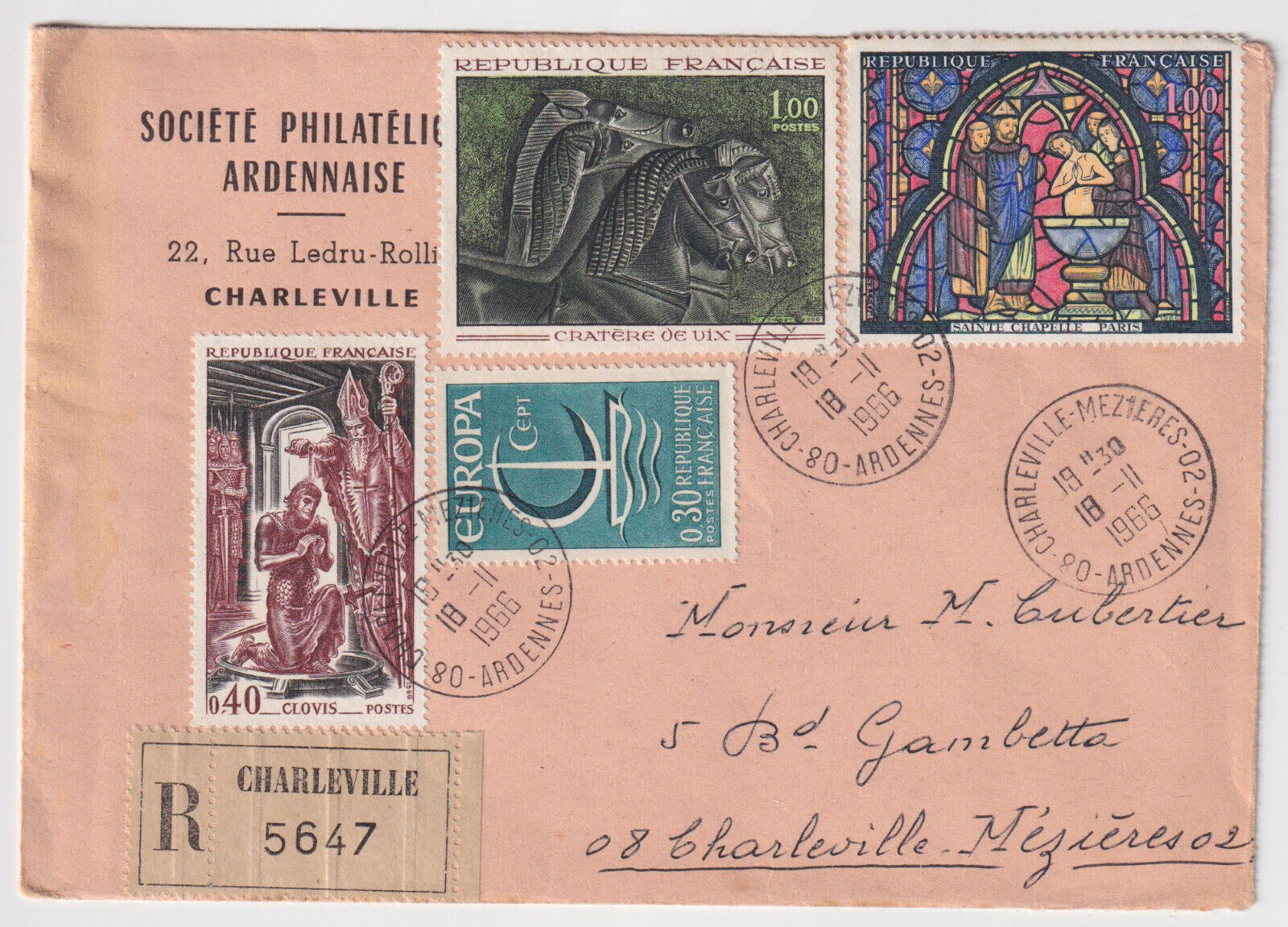 LETTRE PHILATHELIQUE RECOMMANDEE CHARLEVILLE 1966 POUR CHARLEVILLE 124809468121