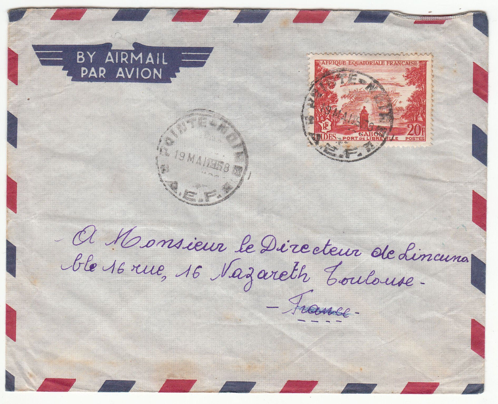 LETTRE POINTE NOIRE AFRIQUE EQUATORIAL FRANCAISE POUR TOULOUSE 1958 PAR AVION 122858533751