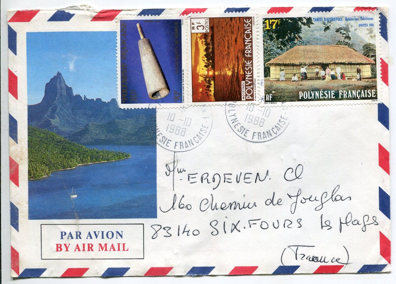 LETTRE POLYNESIE FRANCAISE TIMBRE N 282 253 301 HABITAT PAYSAGE FLUTE OS 400794184311