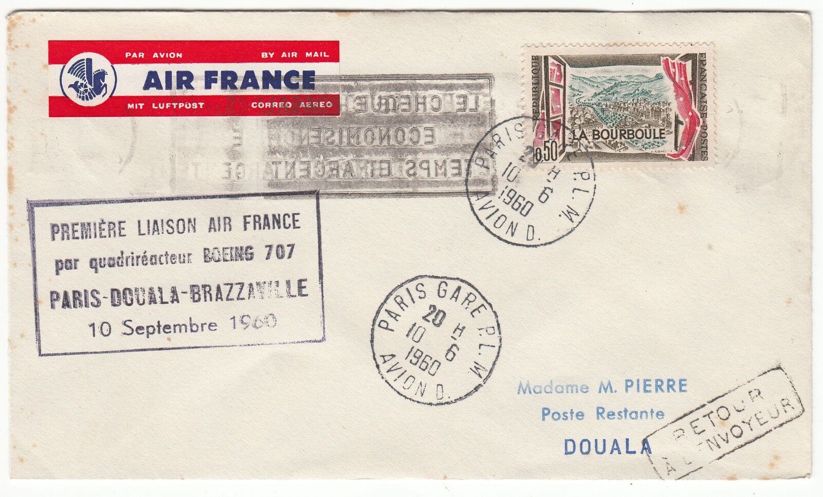 LETTRE PREMIER VOL AIR FRANCE PARIS DOUALA CAMEROUN 1960 RETOUR A L ENVOYEUR 121983904121