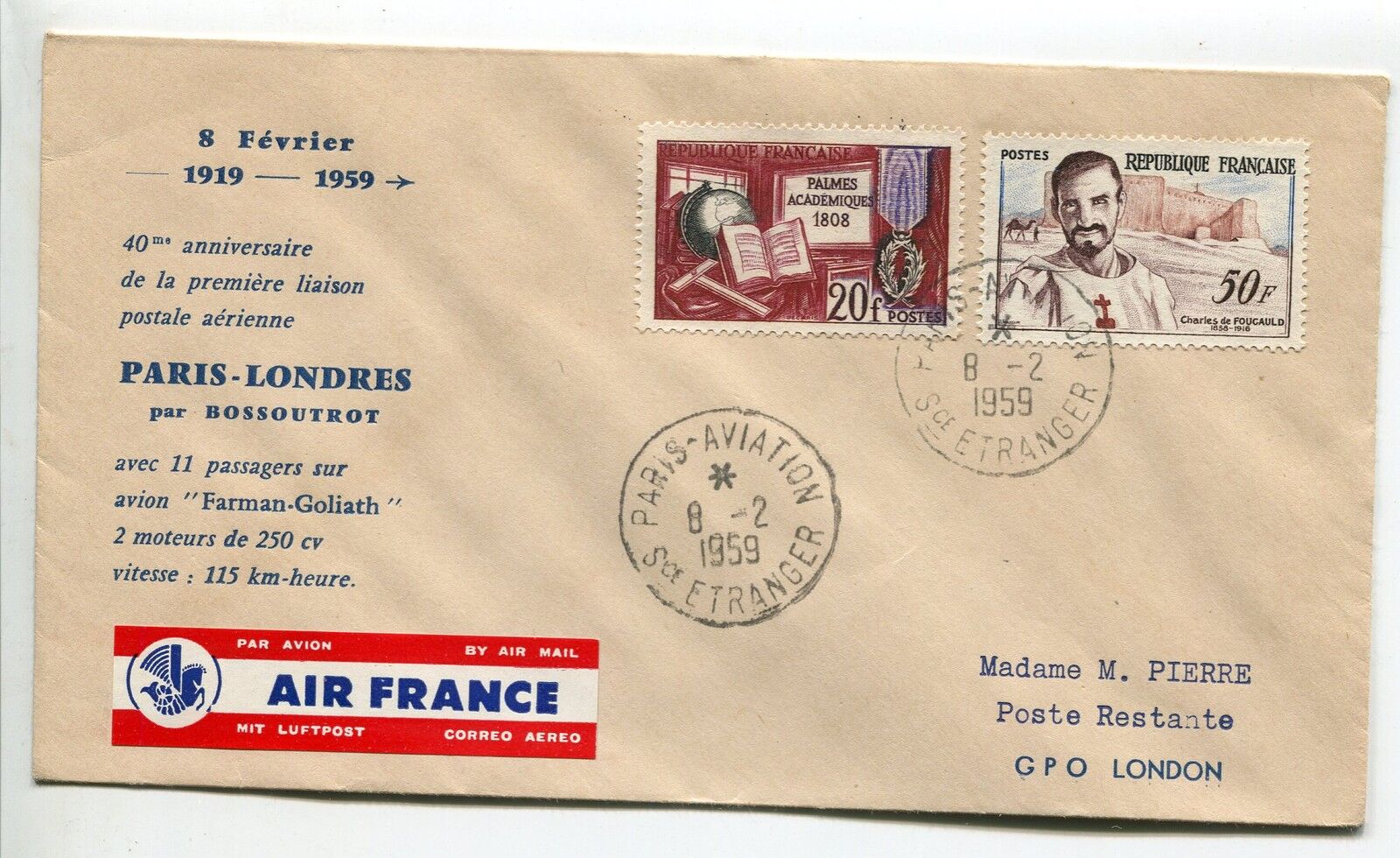 LETTRE PREMIER VOL PARIS LONDRE 1959 AIR FRANCE FARMAN GOLIATH 11 PASSAGERS 400787479921