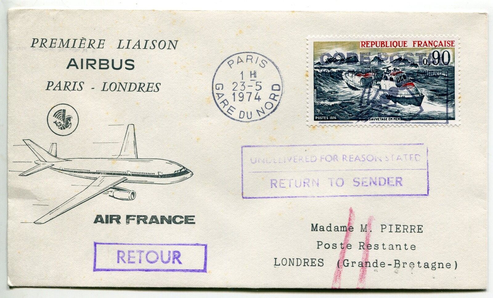 LETTRE PREMIER VOL PARIS LONDRES 1974 AIR FRANCE RETOUR NON RECLAME AIRBUS 121458312651