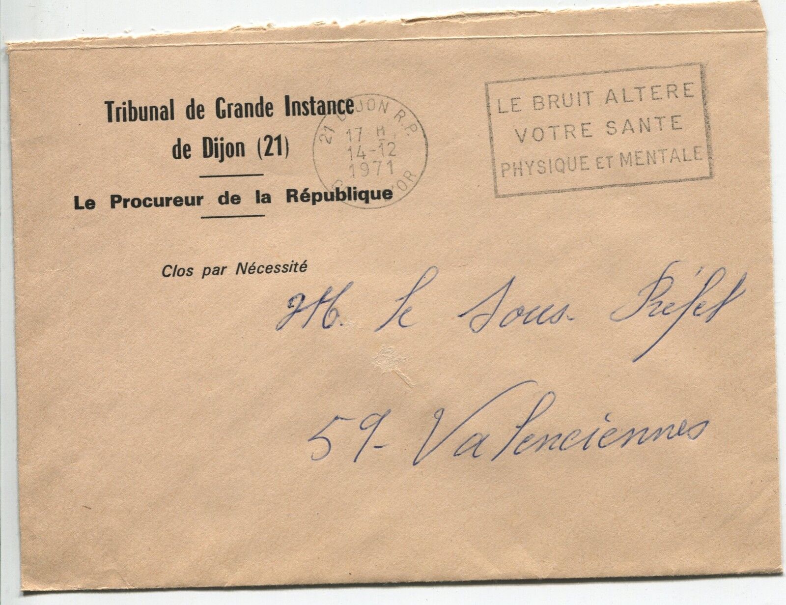 LETTRE PROCUREUR DE DIJON POUR LE SOUS PREFET VALENCIENNES 1971 FLAMME 110865976581