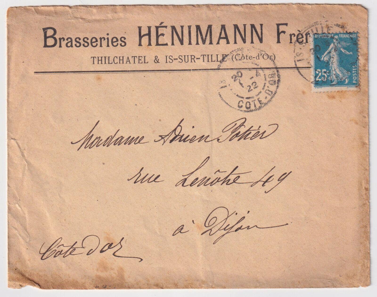 LETTRE PUBLICITAIRE 1922 BRASSERIES HENIMANN FRERES THILCHATEL IS SUR TILLE 403239163281