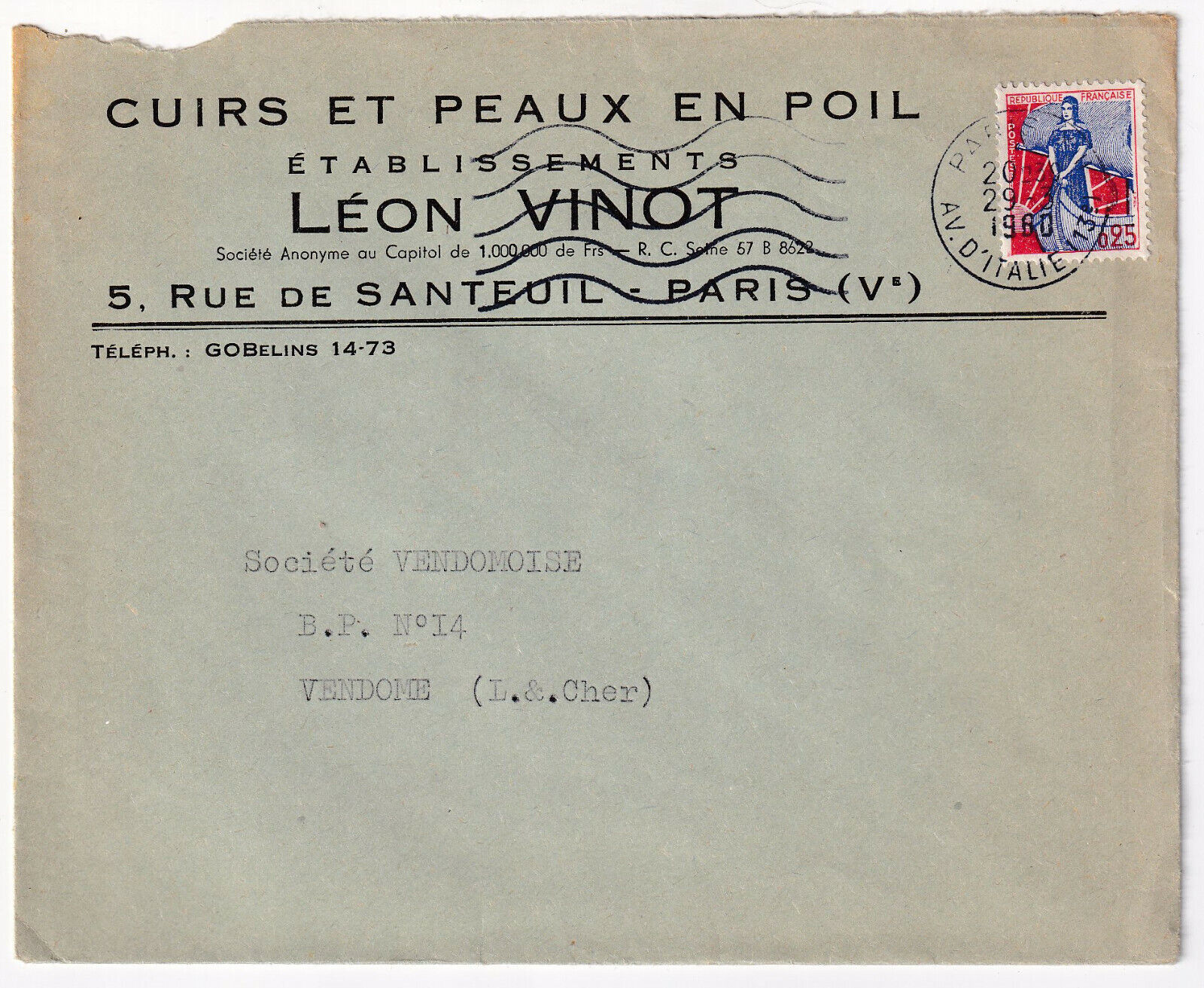 LETTRE PUBLICITAIRE 1960 CUIRS ET PEAUX EN POIL ETABLISSEMENTS LEON VINOT PARIS 403239163301