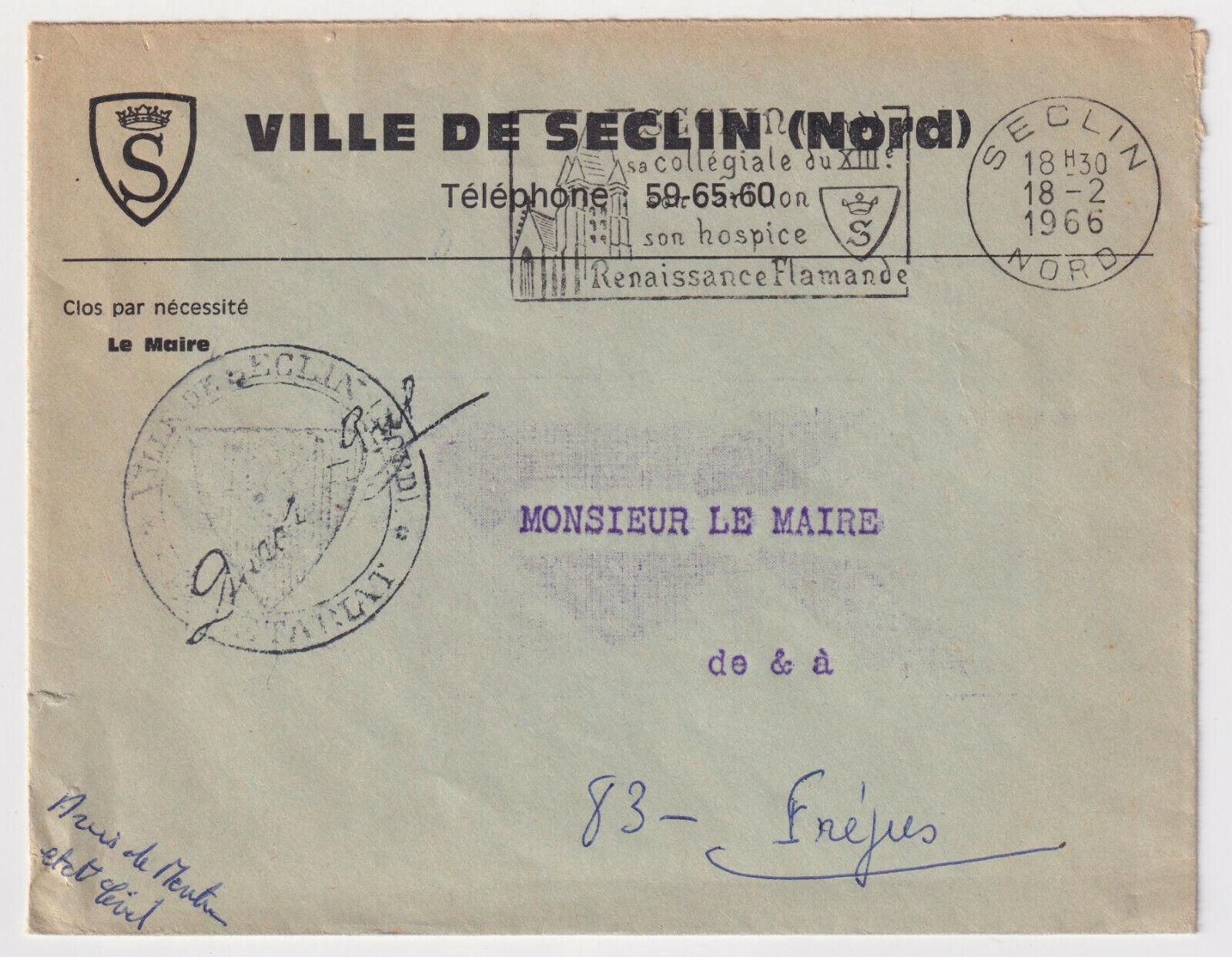 LETTRE PUBLICITAIRE 1966 MAIRE DE VILLE DE SECLIN NORD POUR LE MAIRE DE FREJUS 124959846711