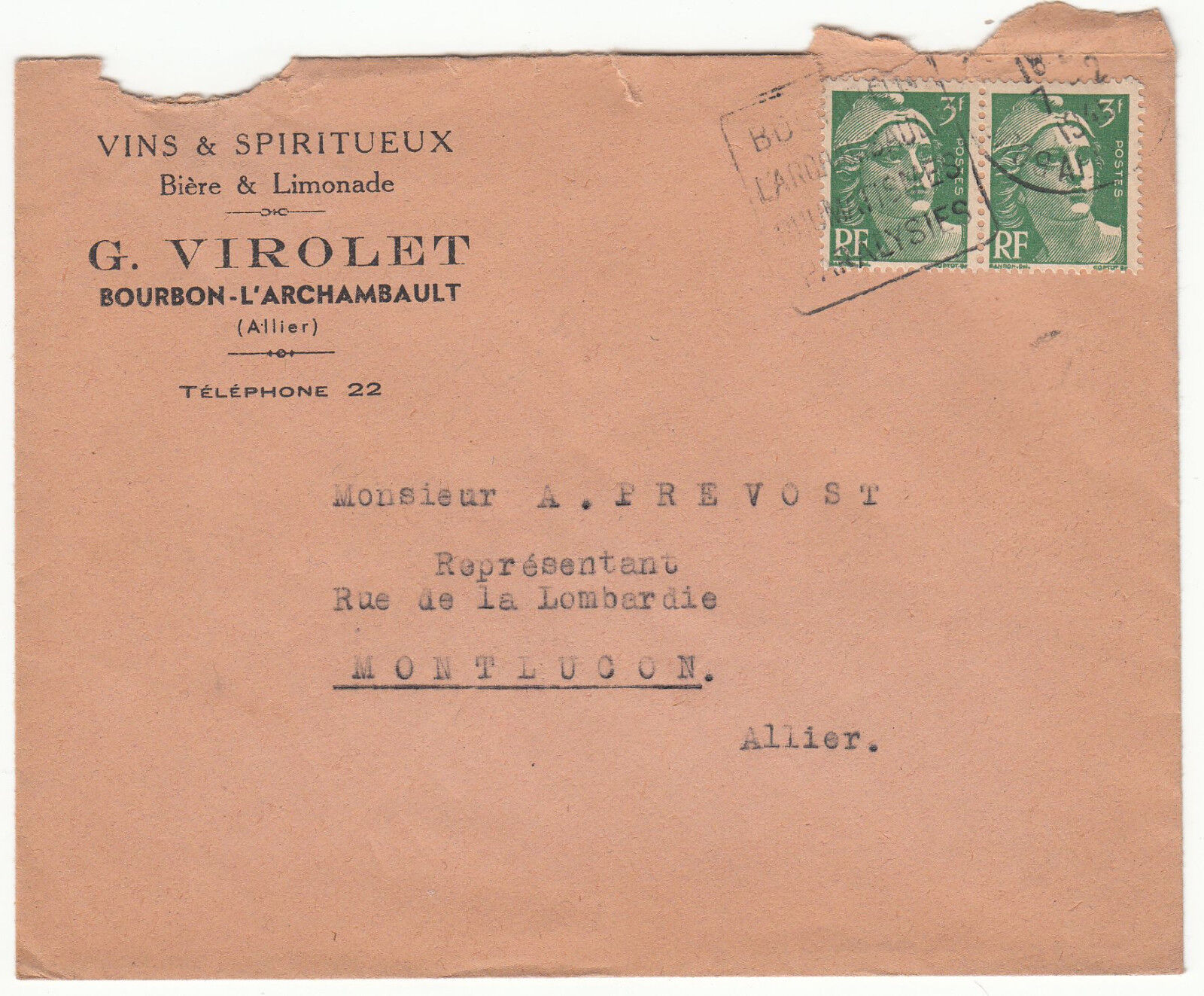 LETTRE PUBLICITAIRE G VIROLET BOURBON L ARCHAMBAULT 1945 MONTLUCON FLAMME 122869642671