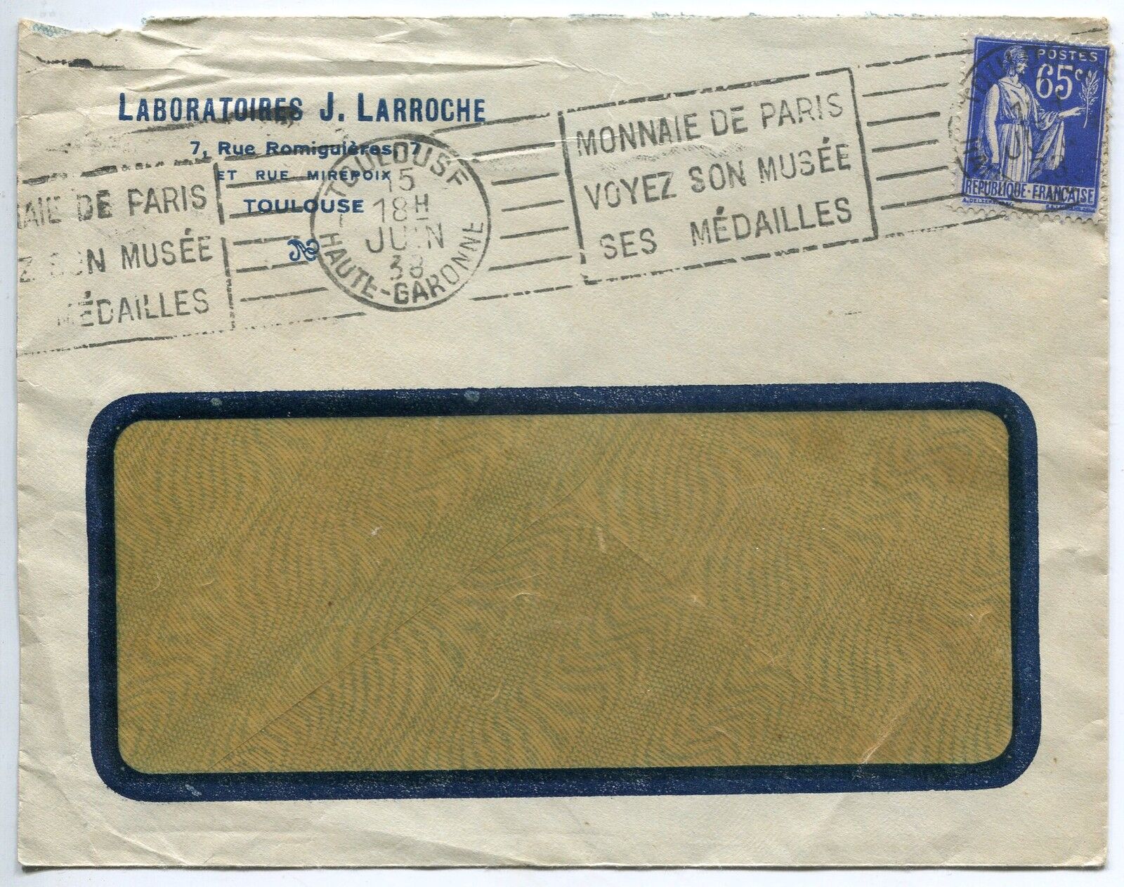 LETTRE PUBLICITAIRE LABORATOIRES J LARROCHE 1938 TIMBRE TYPE PAIX N 365 JUIN 400782427951