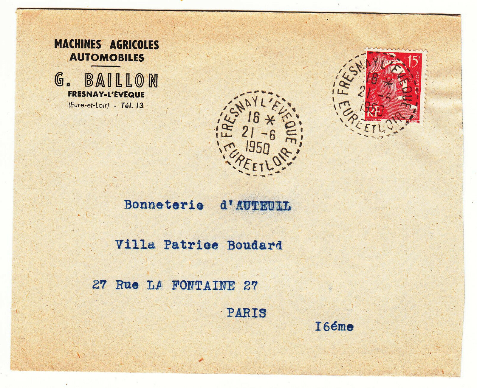 LETTRE PUBLICITAIRE MACHINES AGRICOLES G BAILLON FRESNAY L EVEQUE PARIS 1950 401826446931