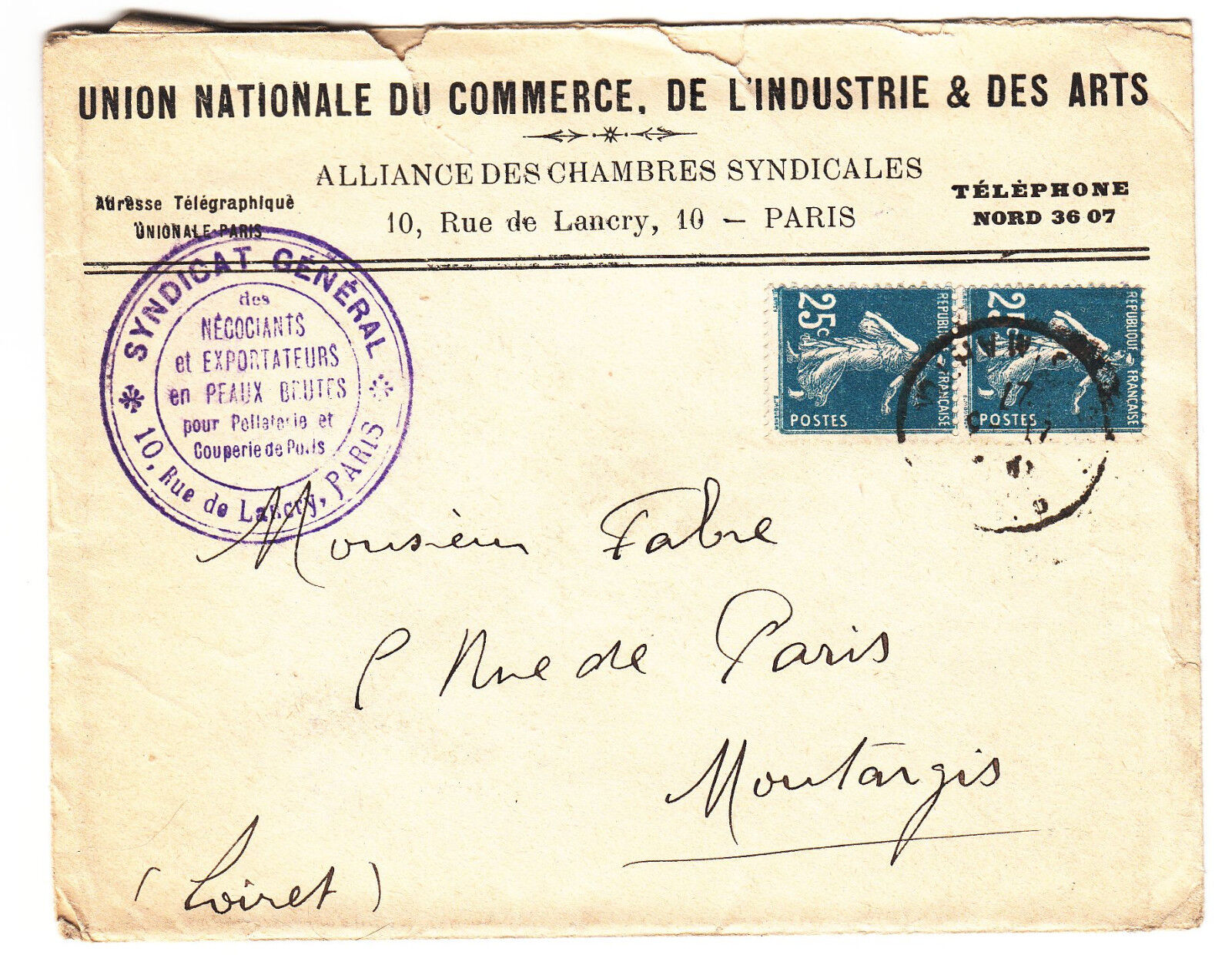 LETTRE PUBLICITAIRE SYNDICAT GENERAL PARIS MONTARGIS 1927 LETTRE SEMEUSE 401462370601