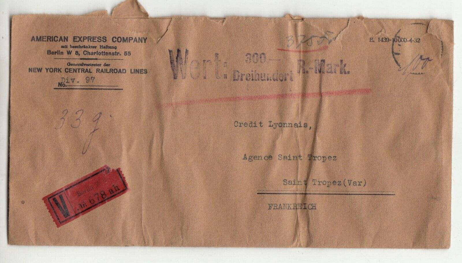 LETTRE RECOMMANDE BERLIN AMERICAN EXPRESS SAINT TROPEZ 1930 CACHET CIRE 401757500231