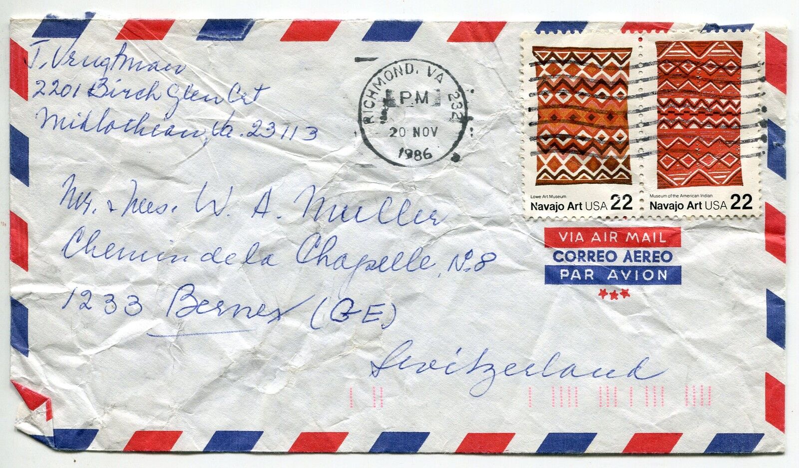 LETTRE RICHMOND USA BERNE SUISSE 1986 PAR AVION AIR MAIL 121370979201