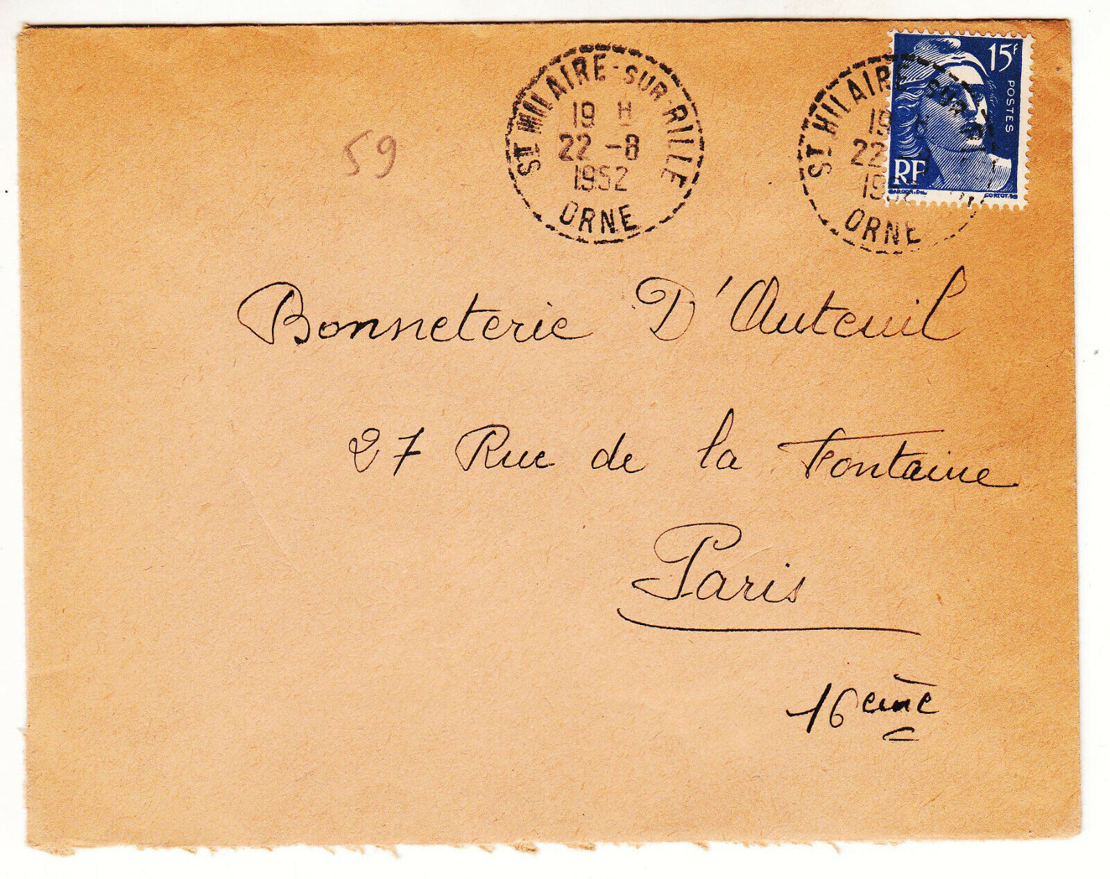 LETTRE SAINT HILAIRE SUR RILLE ORNE POUR PARIS 1952 GANDON CACHET PERLE 401880885431