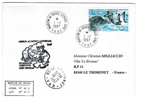 LETTRE TAAF MARTIN DE VIVIES ST PAUL A THORONET 1997 110618861681