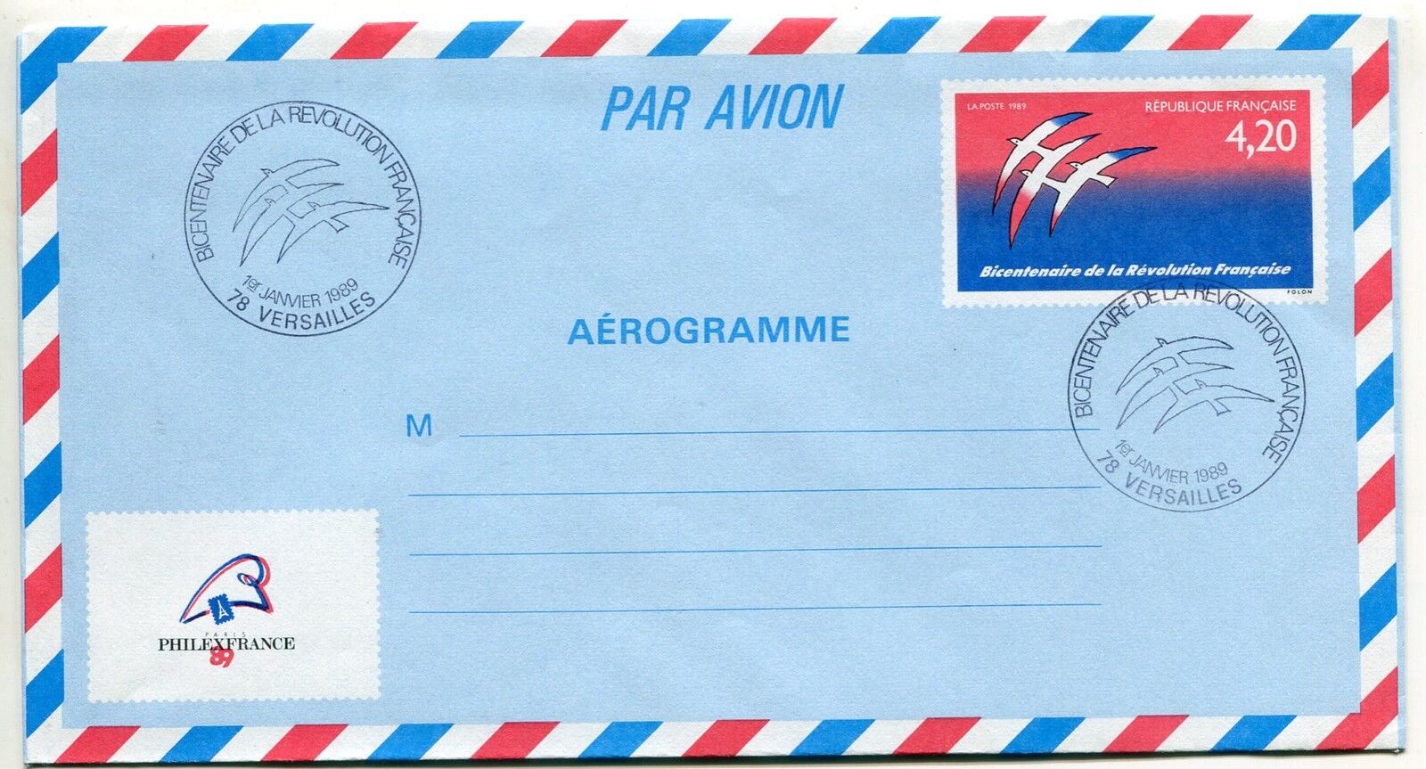 LETTRE VERSAILLE AEROGRAMME PREMIER JOUR BICENTENAIRE REVOLUTION 400567038231