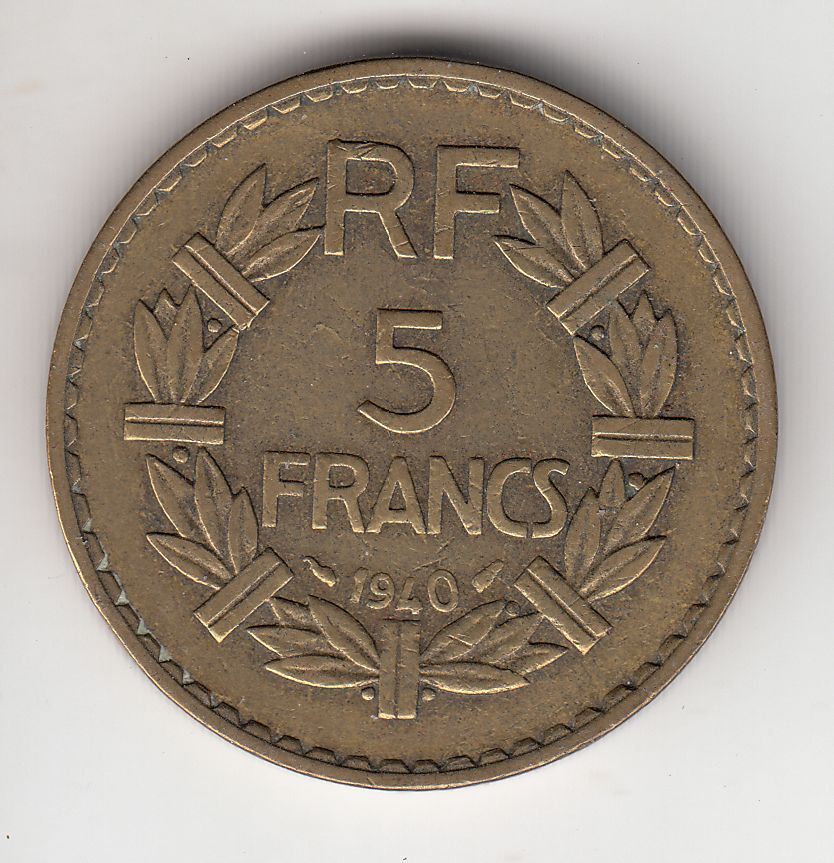 MONNAIE FRANCE 5 FRANCS LAVRILLIER 1940 CUPRO ALU 122350939011